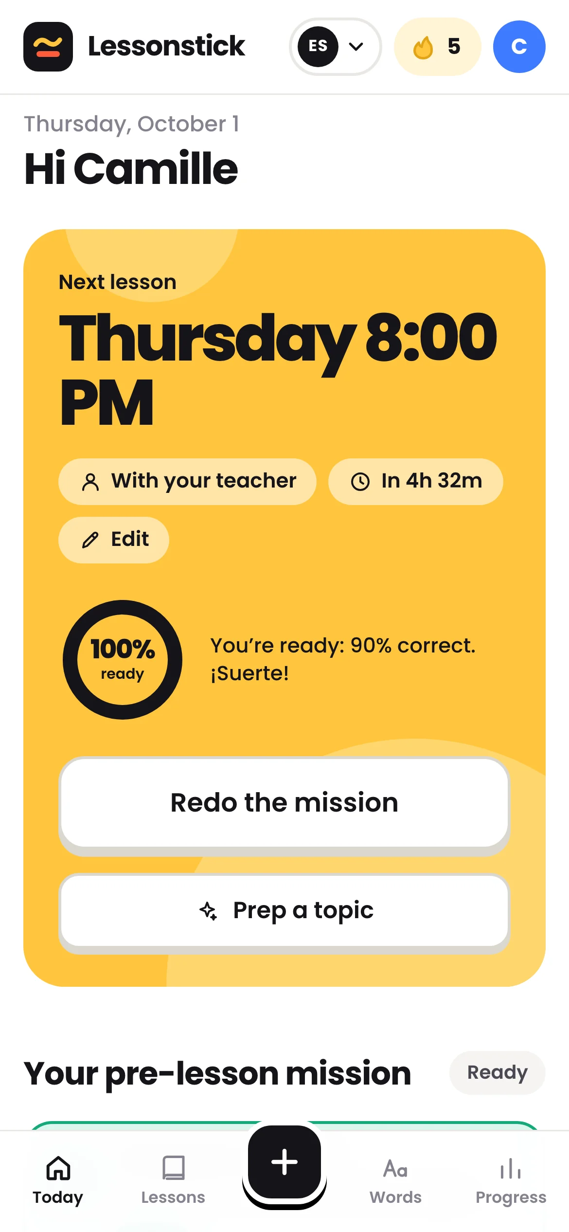 The Lessonstick home screen: the next lesson, the meter at 100% ready and the mission done, with sample lessons in Spanish, on a phone.