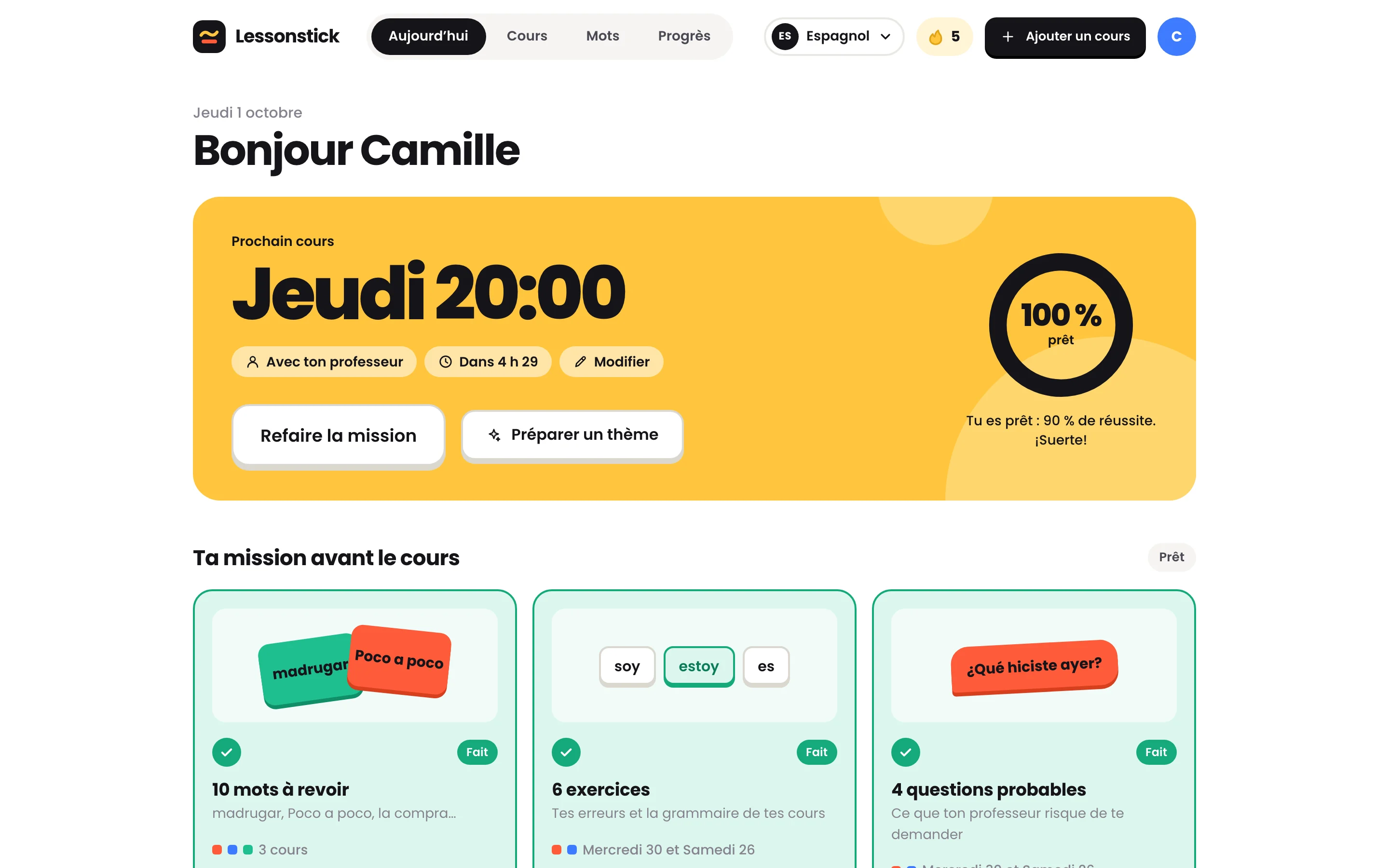 L’accueil de Lessonstick : le prochain cours, la jauge à 100 % prêt et la mission faite, avec des cours d’exemple en espagnol.